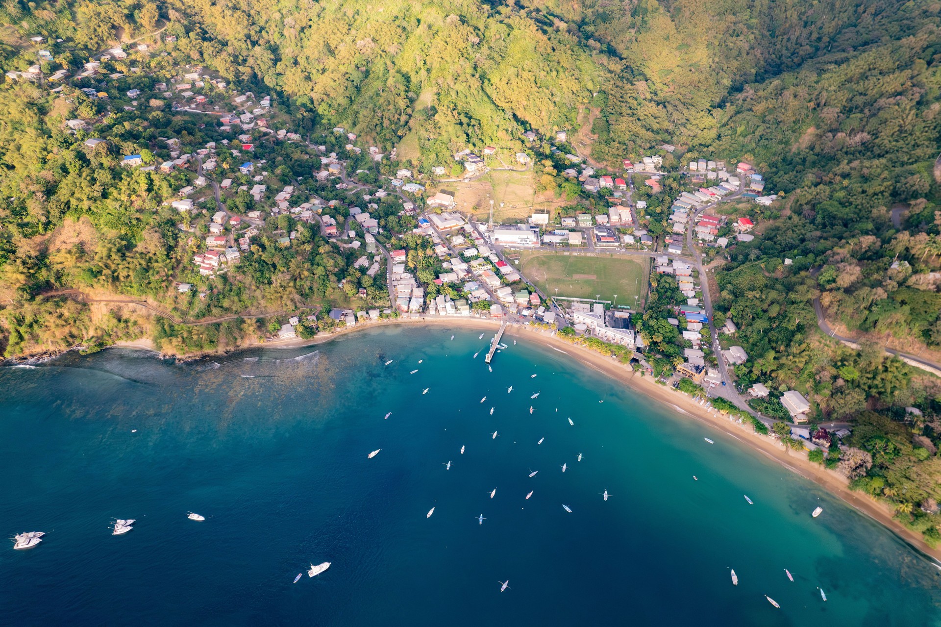 Aerial view of Charlotteville village with fishing boats and yachts, Trinidad and Tobago